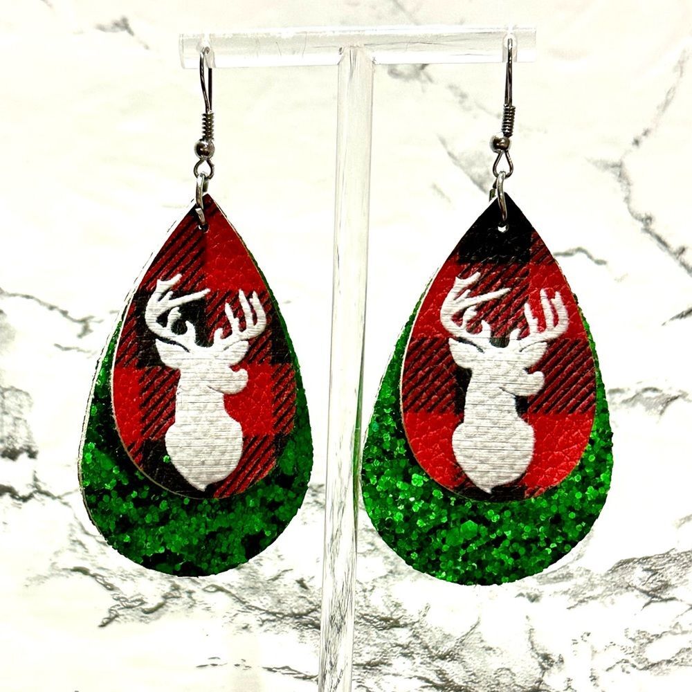 New Boho Buffalo Plaid & Reindeer Sparkly Teardrop Holiday Christmas Earrings